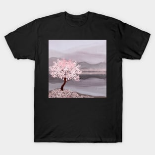 Cherry blossom tree on mountain and water landscape watercolor illustration Spring Japanese scenery T-Shirt